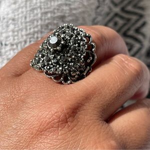 Reine Mere | Adjustable Black Austrian Rhinestones Cocktail Silver Tone Ring